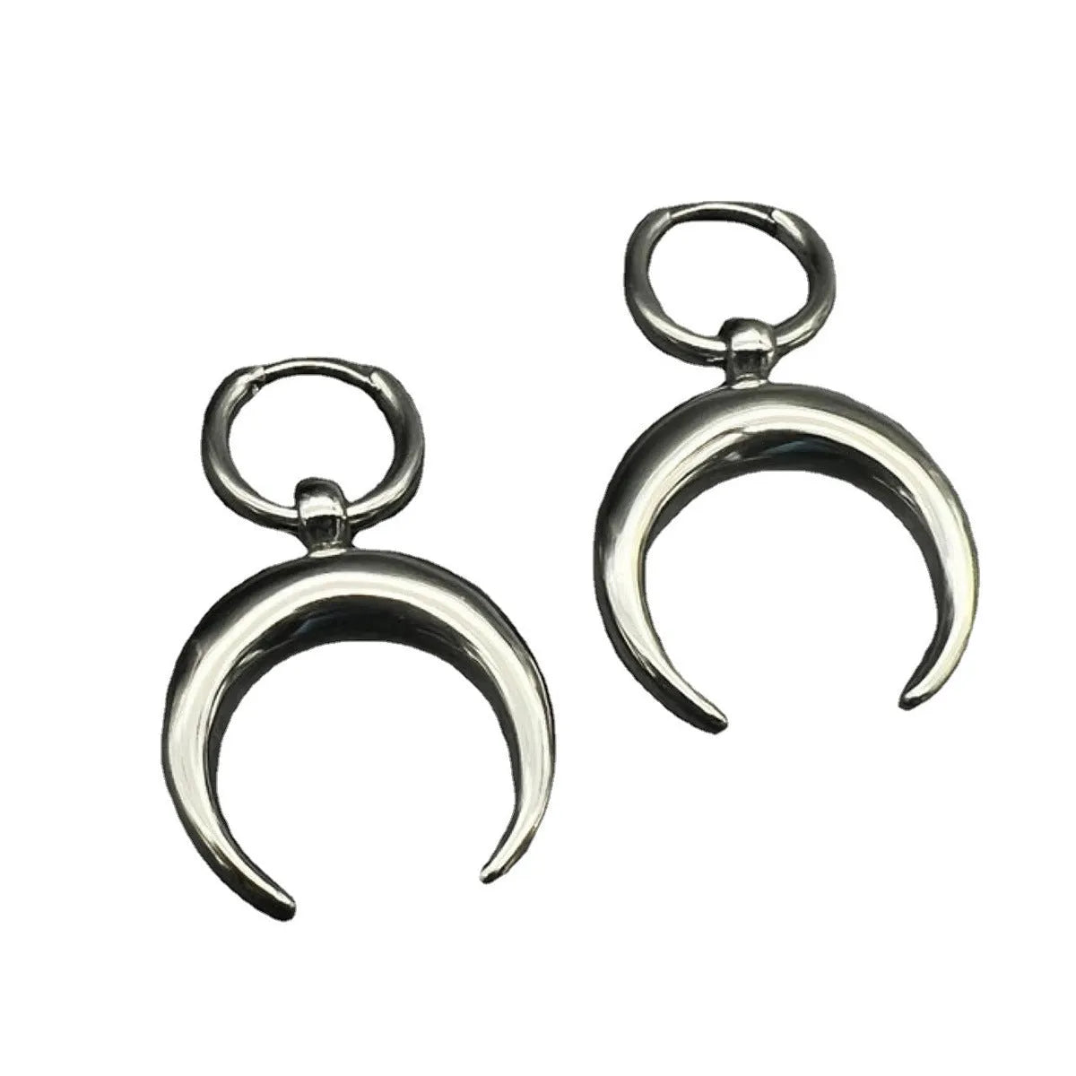 Silver vintage gothic moon large hoop earrings with geometric design and ear clip fastening