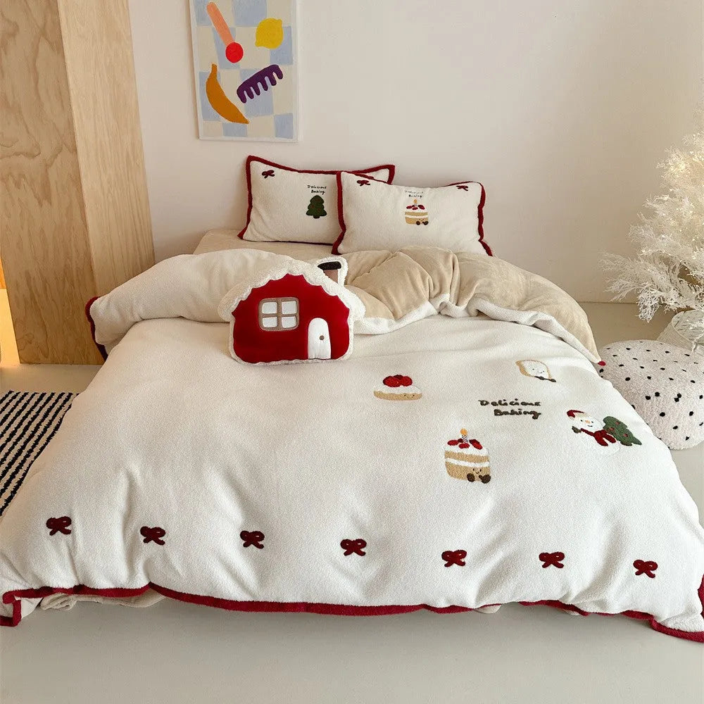Cartoon pattern bedding four-piece set with winter Christmas design shown on bed