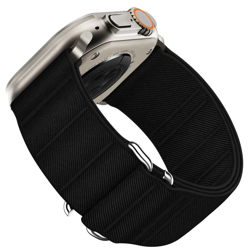 Elastic nylon sports watchband with stainless steel buckle for Apple Watch, shown in multiple colour options.