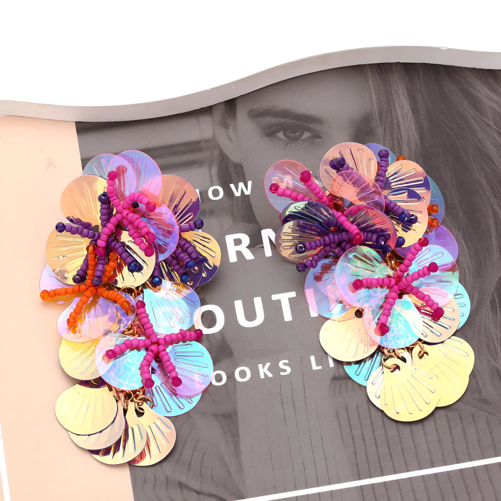 Handmade exaggerated dopamine floral earrings with mixed-material flowers and leaves in colourful, rose, or purple