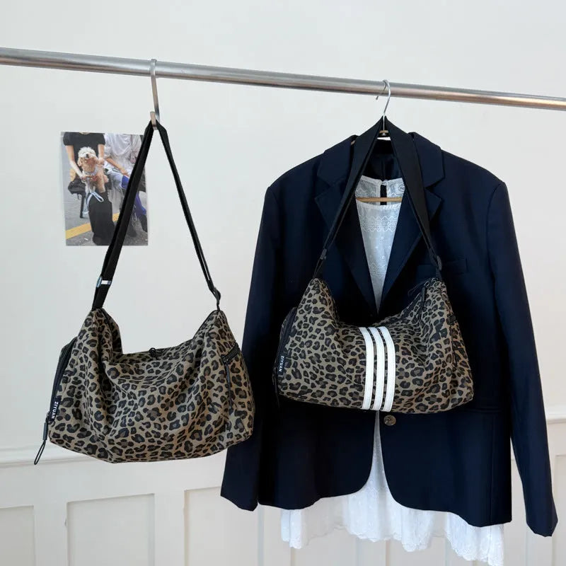 Leopard print sports style messenger shoulder bag with large capacity and cross-body strap
