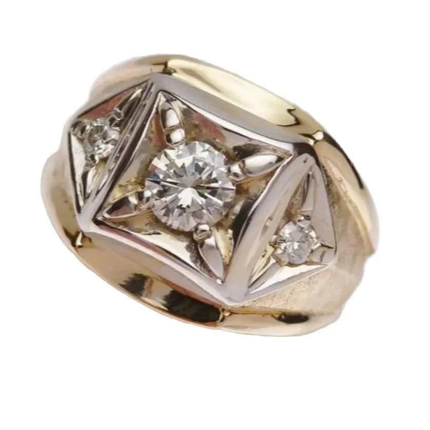 Gold-coloured geometric hollow copper couple rings with chamfered square pattern design