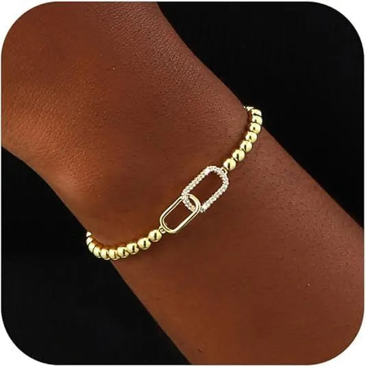 Adjustable stainless steel beaded bracelet for women in a geometric design with round beads.