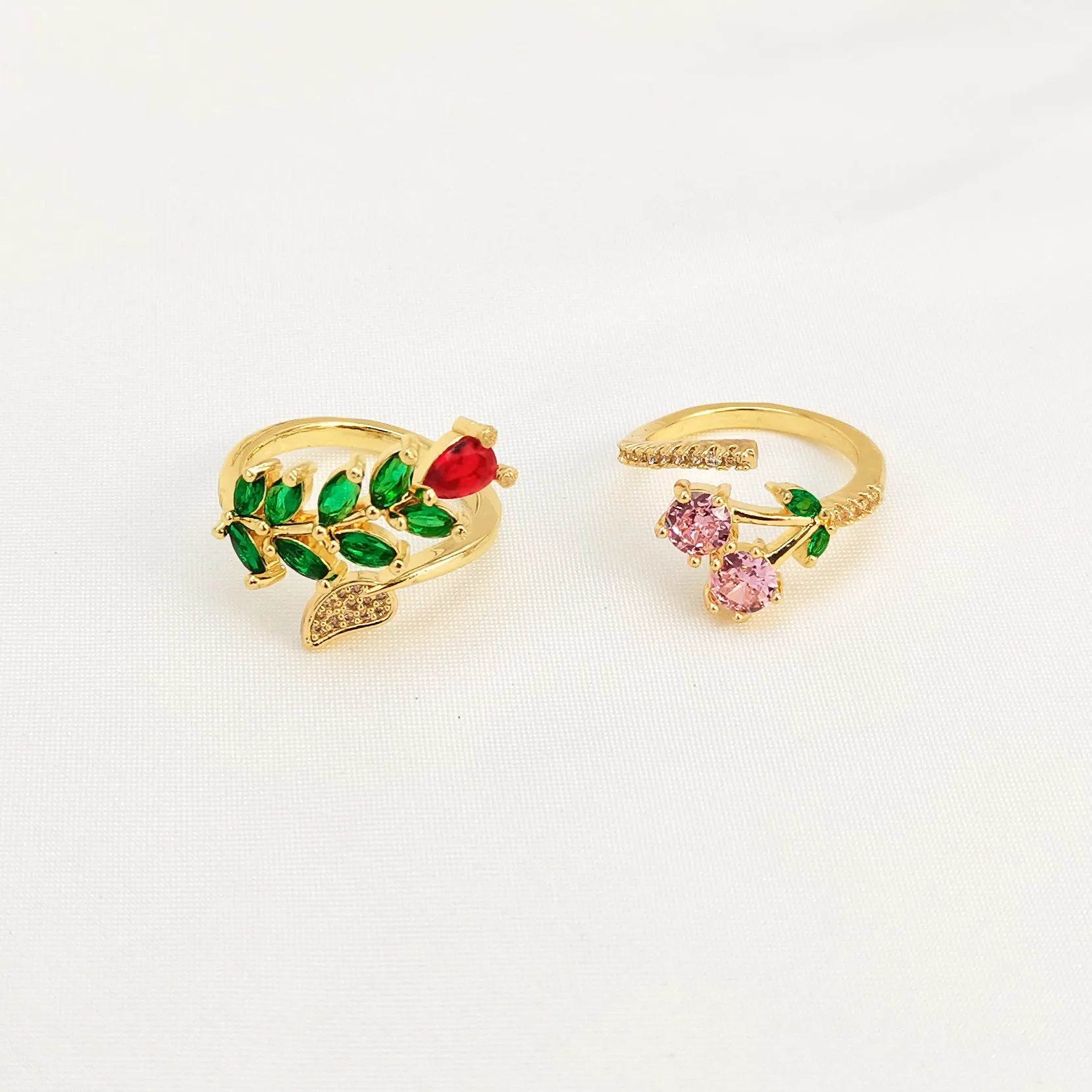 Copper gold plated geometric leaf open ring for women with zircon accents and split ring design