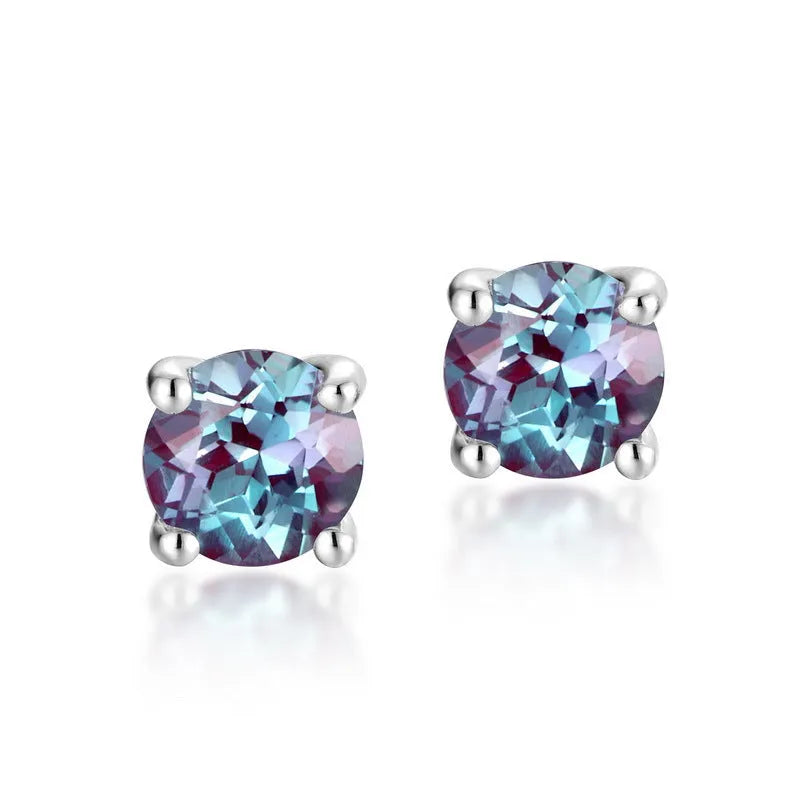 925 sterling silver Alexander stone ear studs with round cultivate alexandrite gemstones