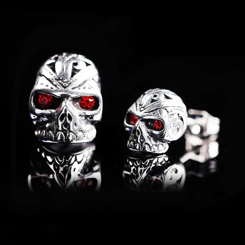 Retro skull stud earrings with red eye detailing and electroplated alloy construction