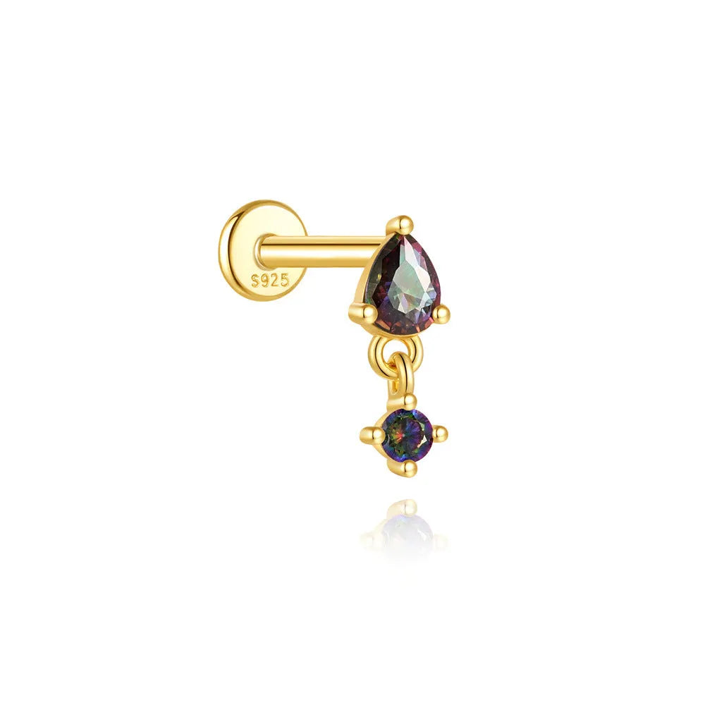 S925 sterling silver threaded ear piercing with super shiny flat head and rainbow stone in a gold colour.