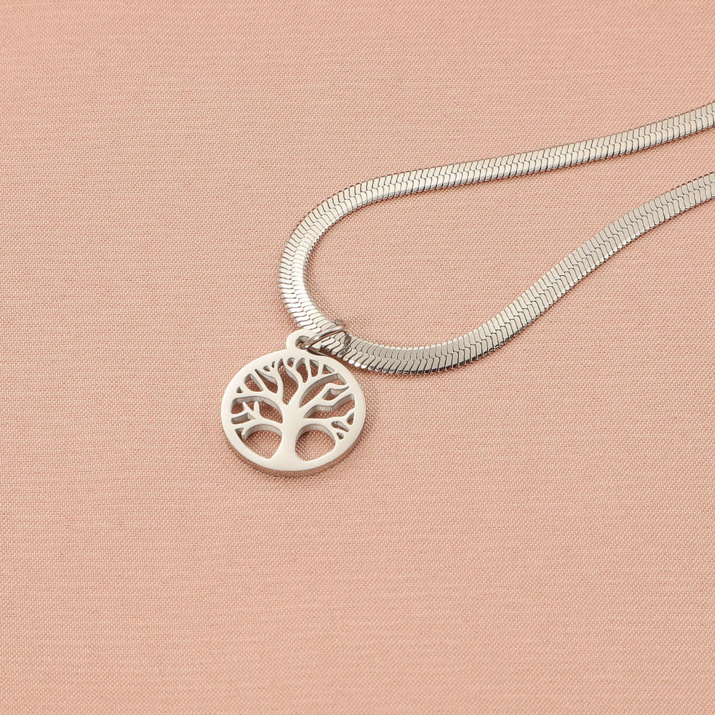 Stainless steel lucky tree pendant on snake bones chain necklace in gold colour