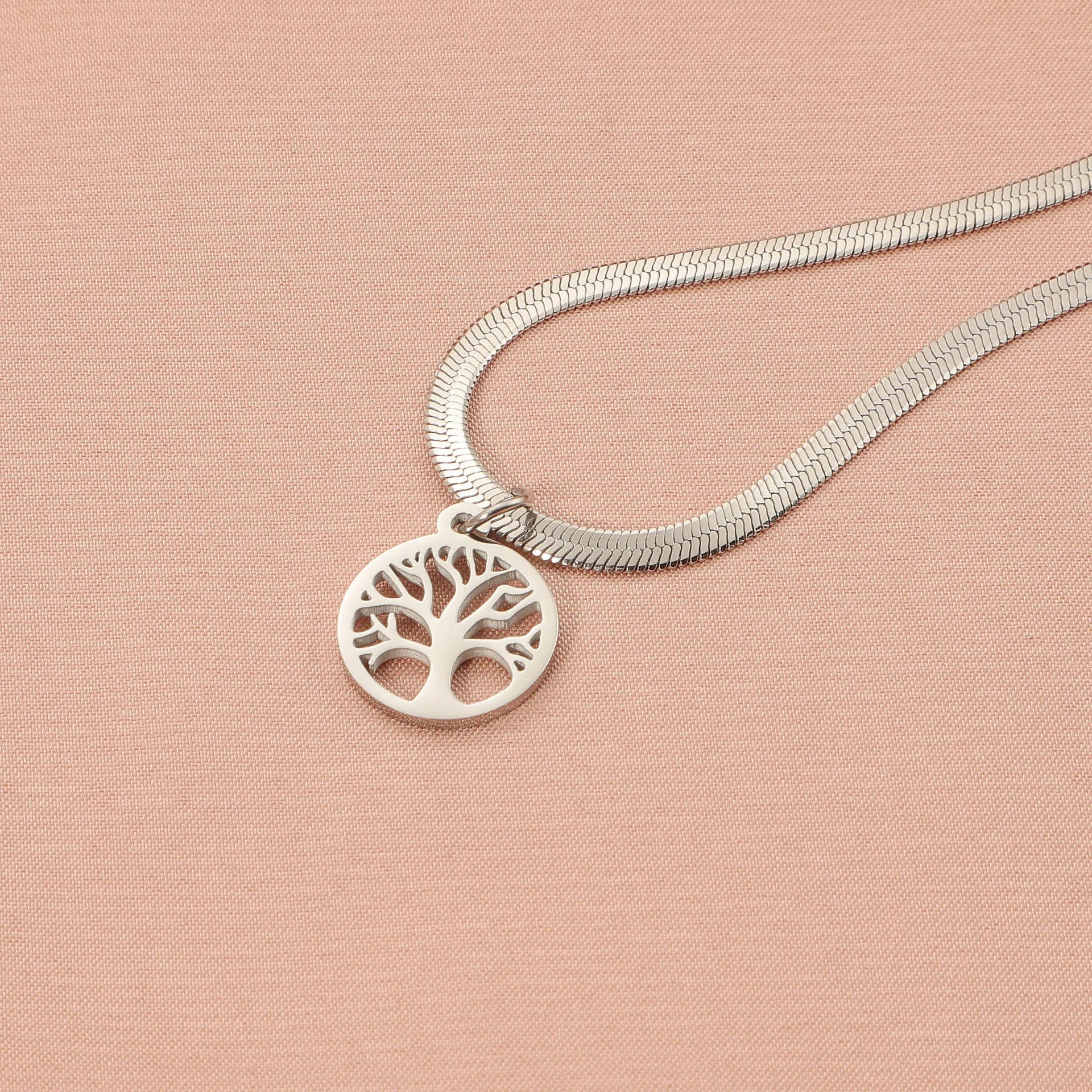 Stainless steel lucky tree pendant on snake bones chain necklace in gold colour