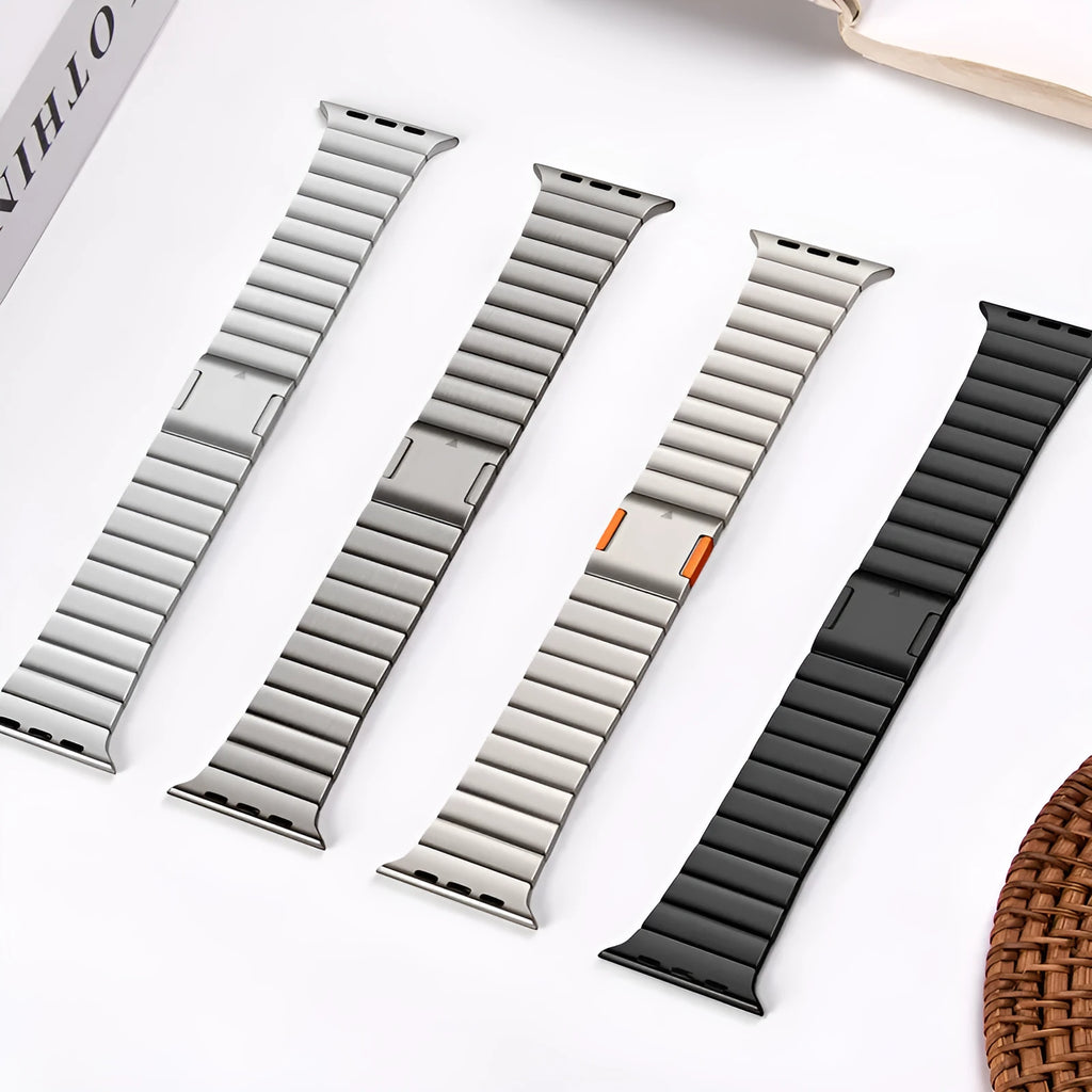 Stainless steel magnetic buckle watch strap for Apple Watch in black and silver colours