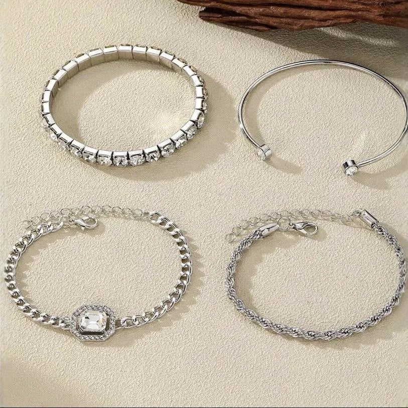 Retro geometric square diamond metal chain bracelet 4-piece set in gold or silver colour