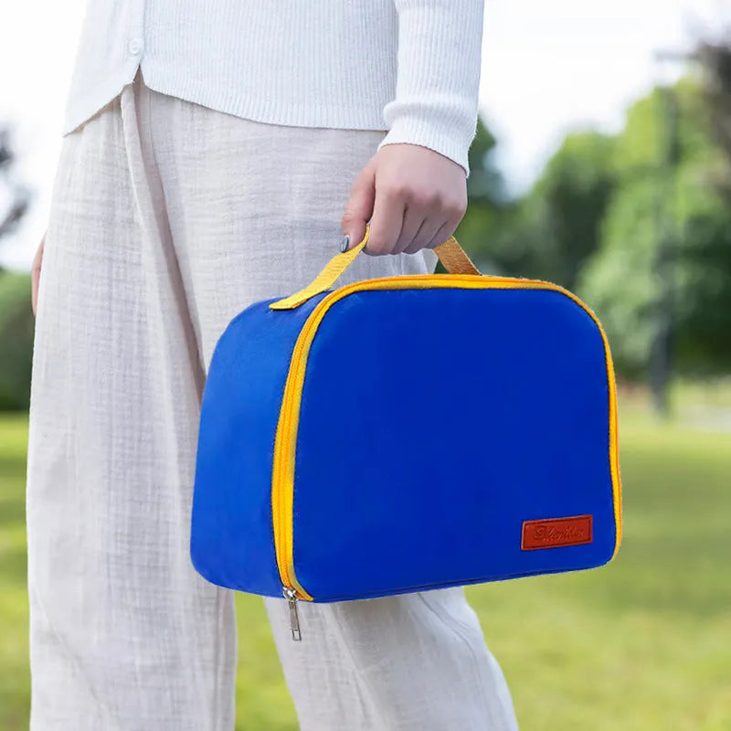 Insulated lunch bag with bento compartment in textured cloth material