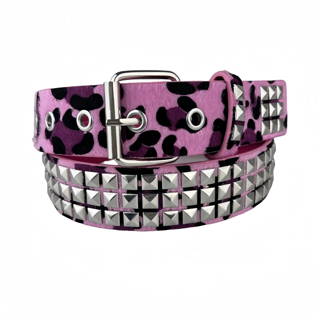 Punk style women's belt with metal decorative rivets on brown leopard print PU leather with an alloy buckle.