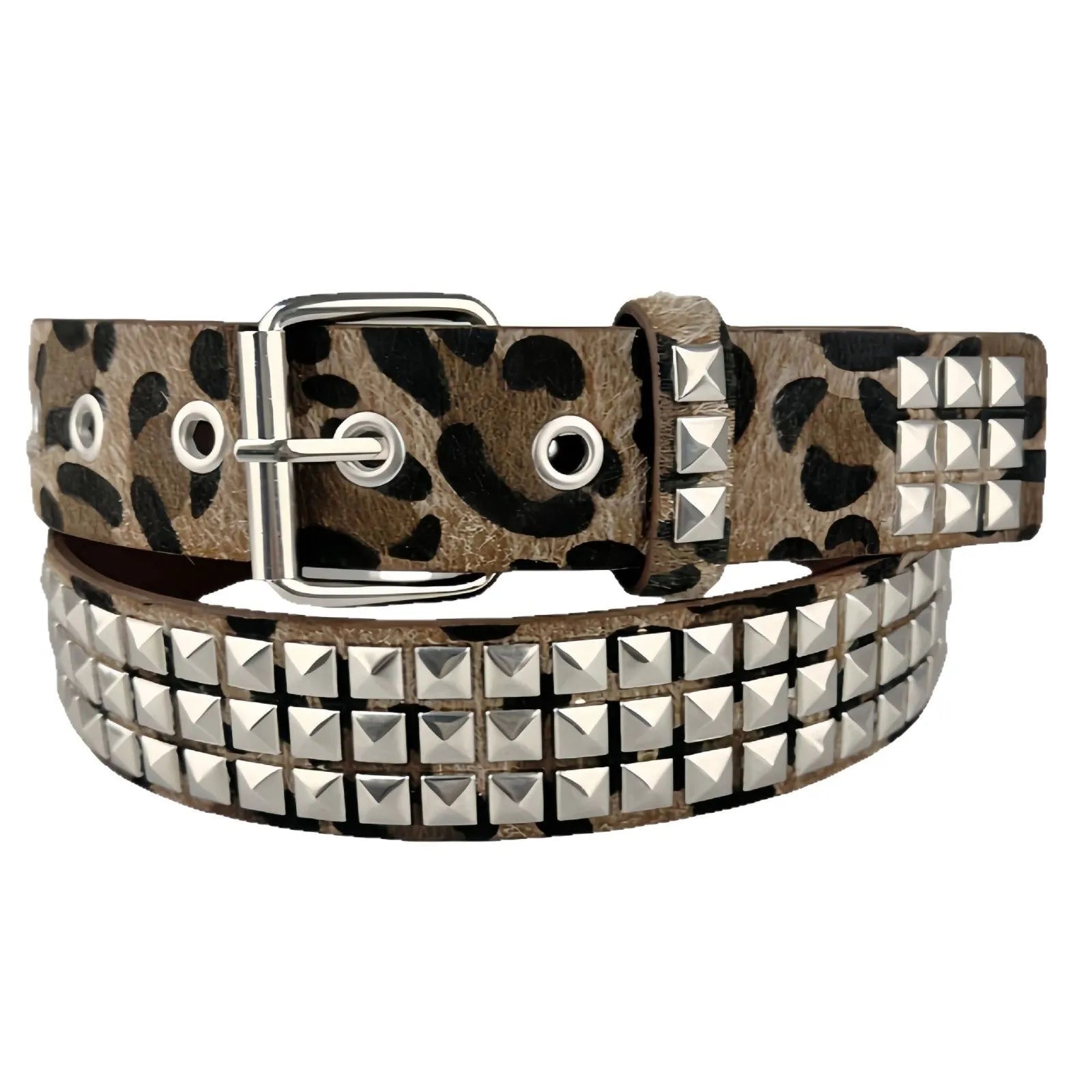 Punk style women's belt with metal decorative rivets on brown leopard print PU leather with an alloy buckle.