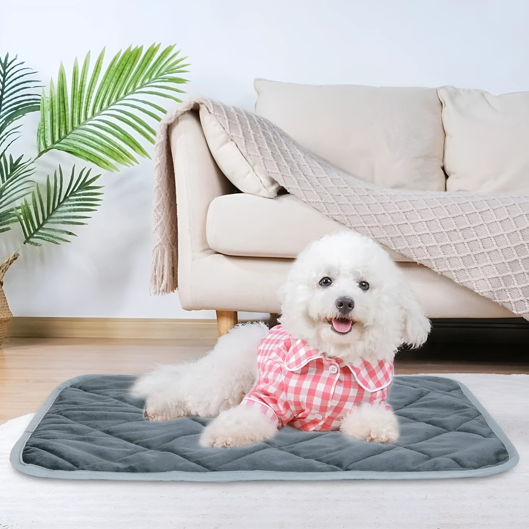 Soft grey multi-layer pet cushion for dogs or cats on a wooden floor
