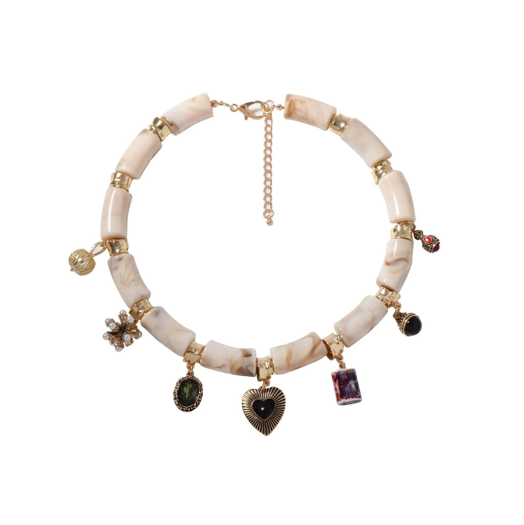 Heart-shaped bamboo resin pendant necklace with electroplated metallic finish