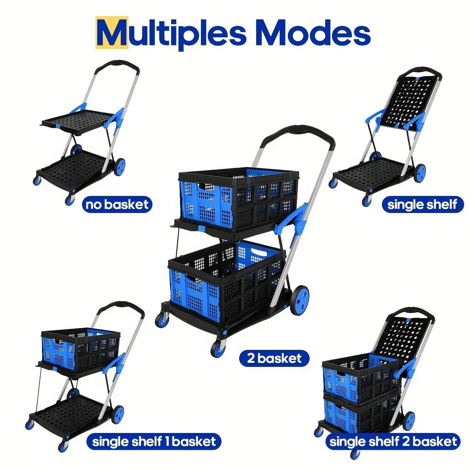 Foldable blue shopping cart with double-layer plastic baskets for grocery transport