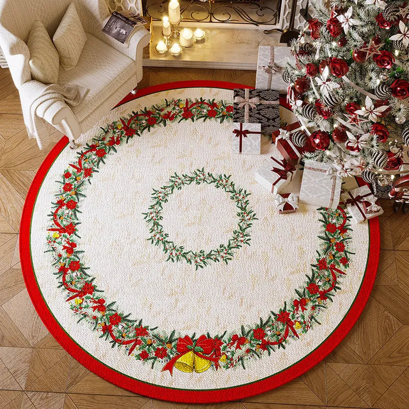 Round Christmas carpet with velvet pile in seasonal red colours on living room floor