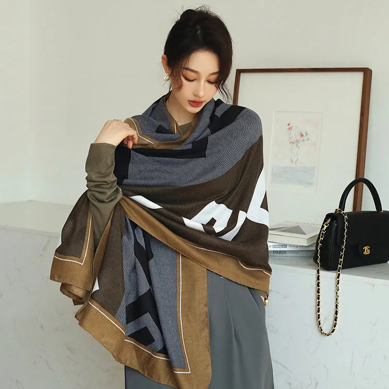 Women's vintage printed polyester scarf draped to show its 180cm length and 90cm width.