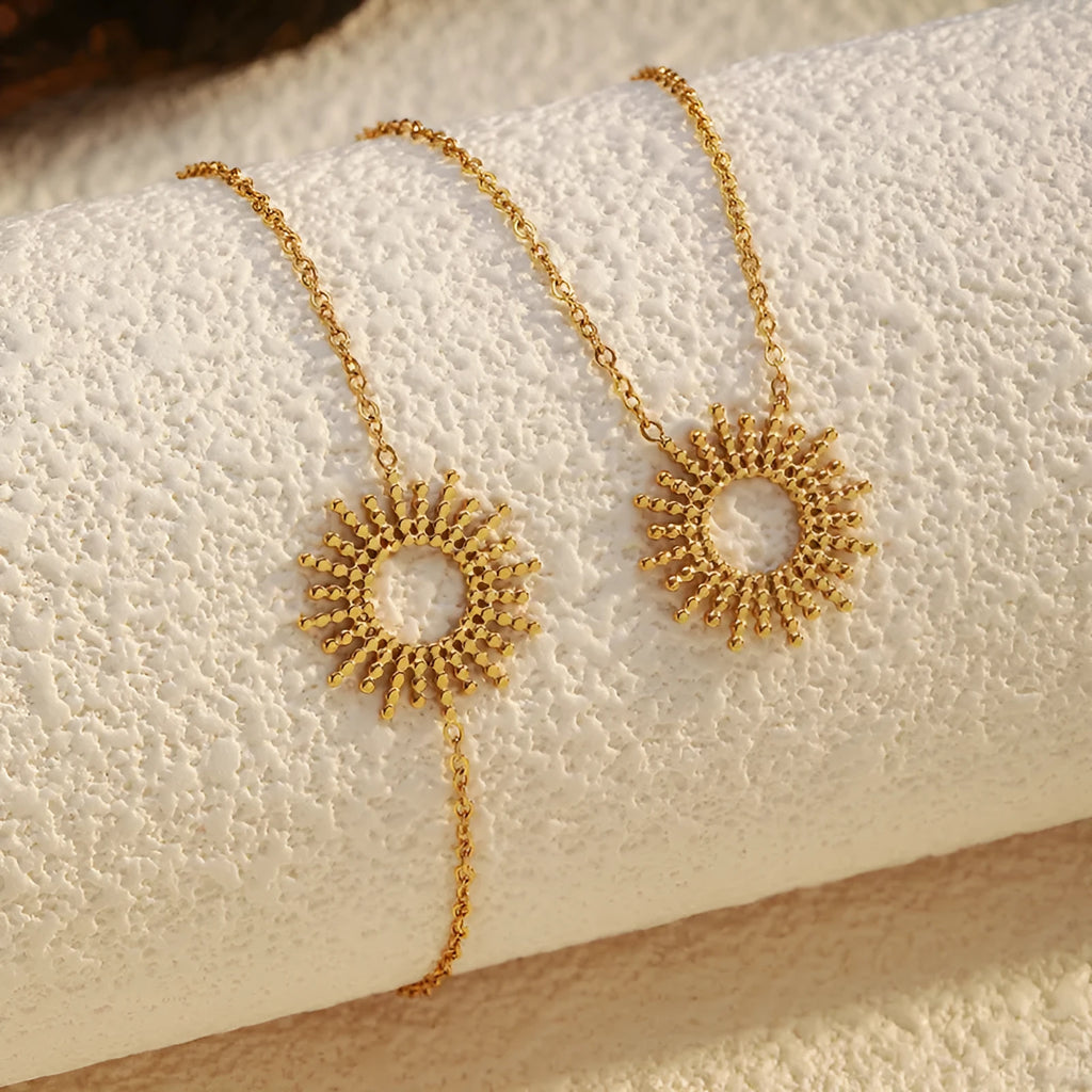 Sunflower Series 14K gold-plated jewellery set showing matching necklace and bracelet with geometric design