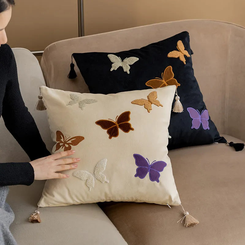 Square butterfly embroidery cushion with Chinese design in beige, black, or purple colours