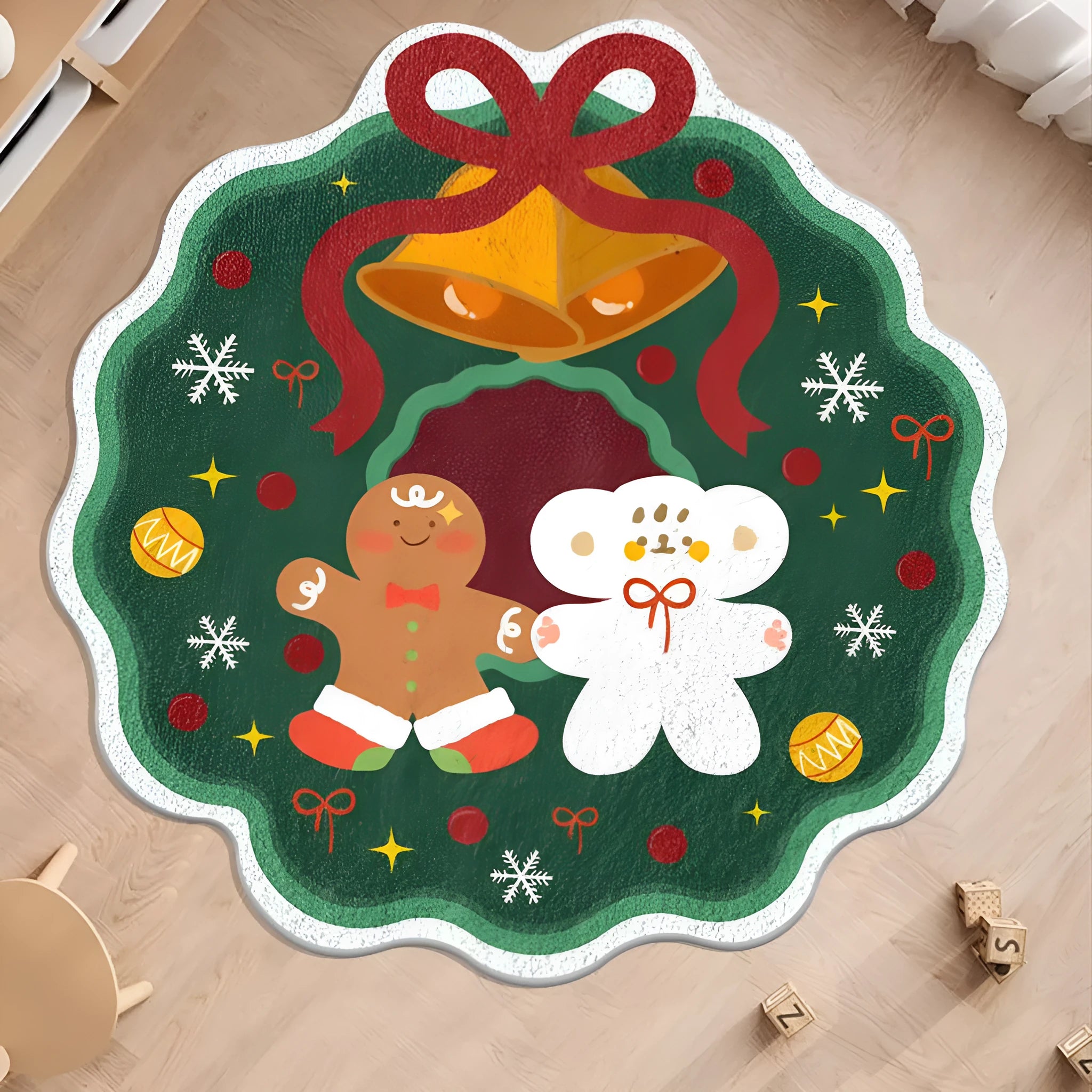 Round Christmas floor mat with festive design on imitation cashmere material in 60cm and 80cm sizes.