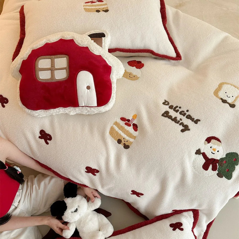 Cartoon pattern bedding four-piece set with winter Christmas design shown on bed