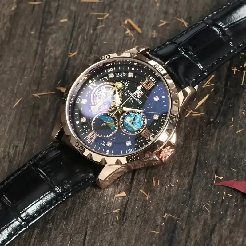 Men's black automatic mechanical watch with rose gold case and hollow dial showing movement