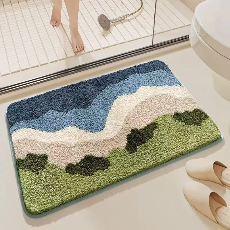 Square cashmere carpet floor mat with rainbow sky sea pattern and plastic bottom