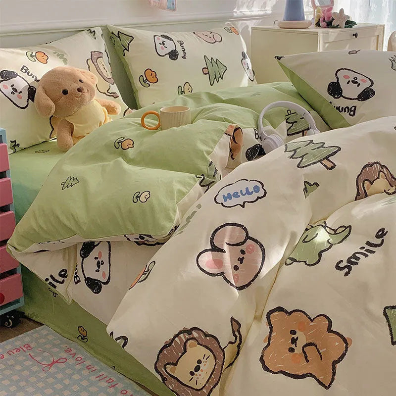 Cartoon dog pattern pure cotton four-piece duvet cover and pillowcase set on a bed.