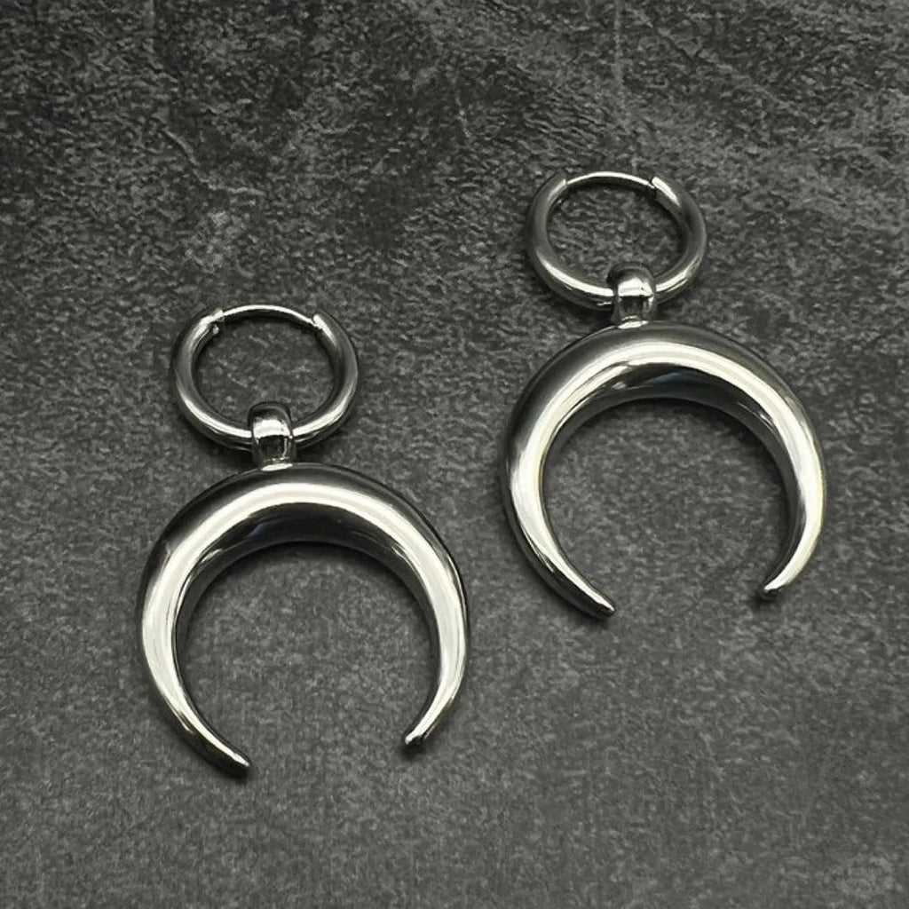 Silver vintage gothic moon large hoop earrings with geometric design and ear clip fastening
