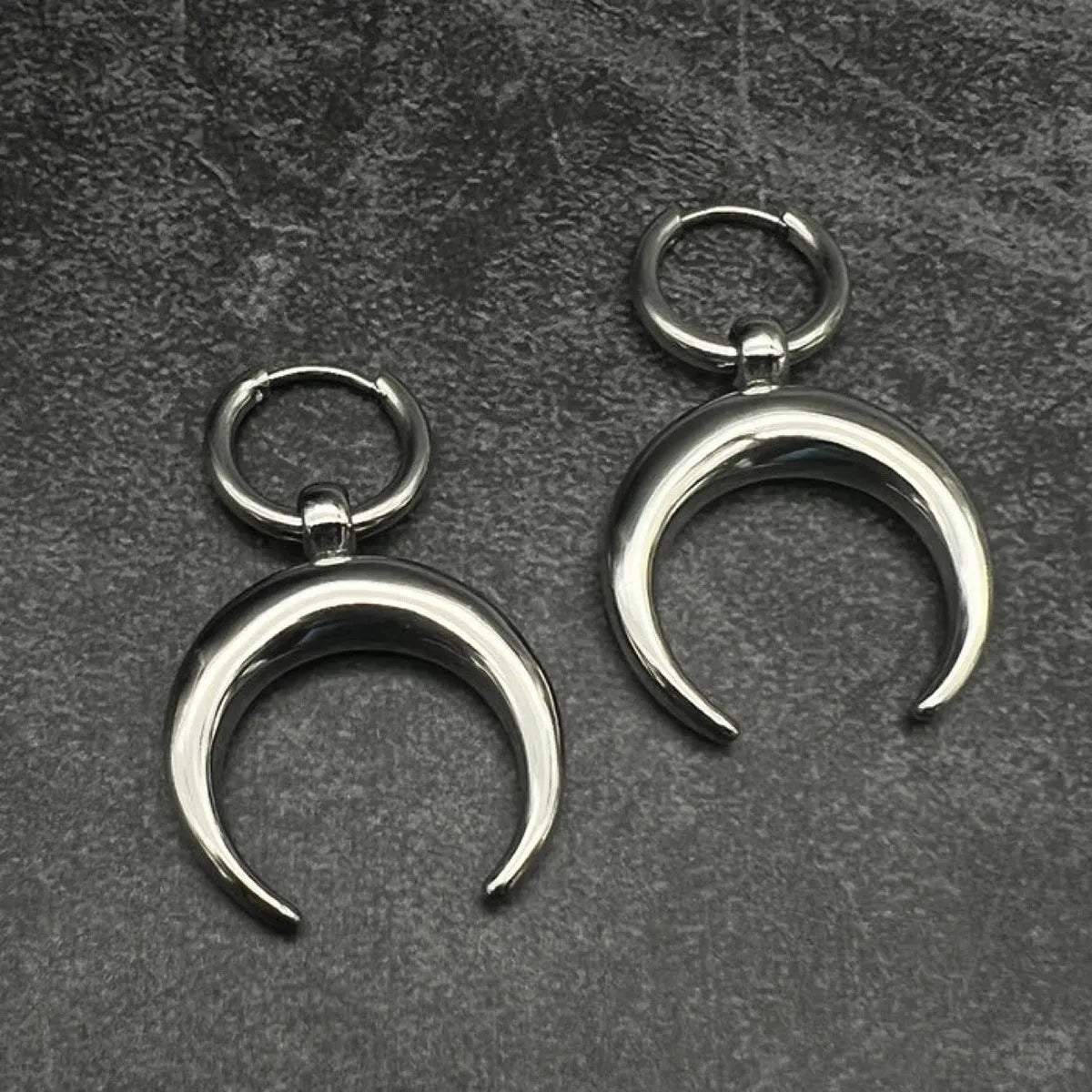Silver vintage gothic moon large hoop earrings with geometric design and ear clip fastening