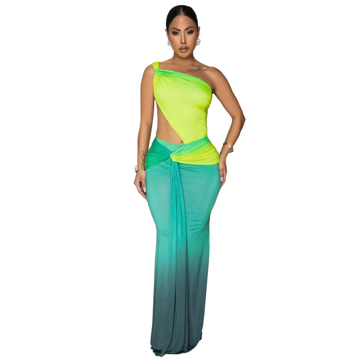 Long gradient-colour summer dress with oblique shoulder neckline and sleeveless design on a mannequin.