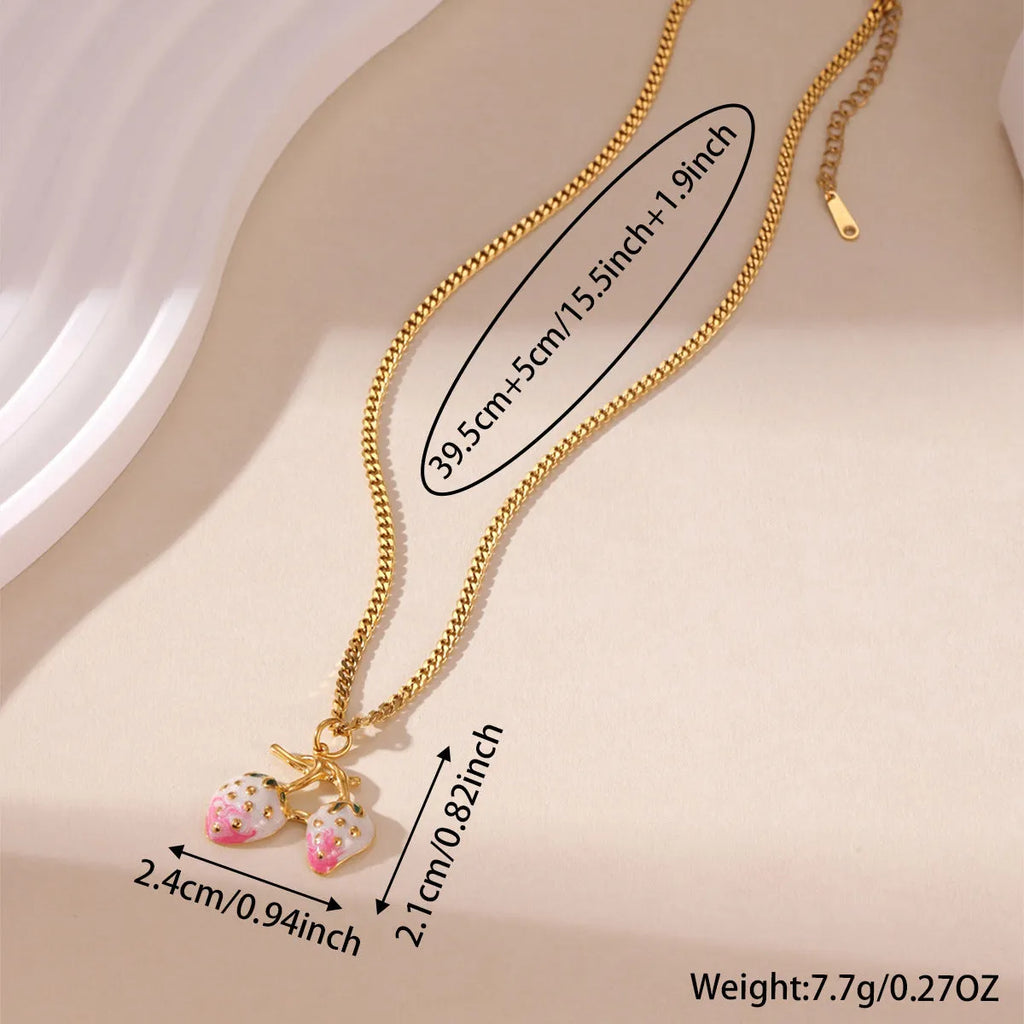 Strawberry fruit pendant necklace for women in red or white gradient colour on adjustable alloy chain