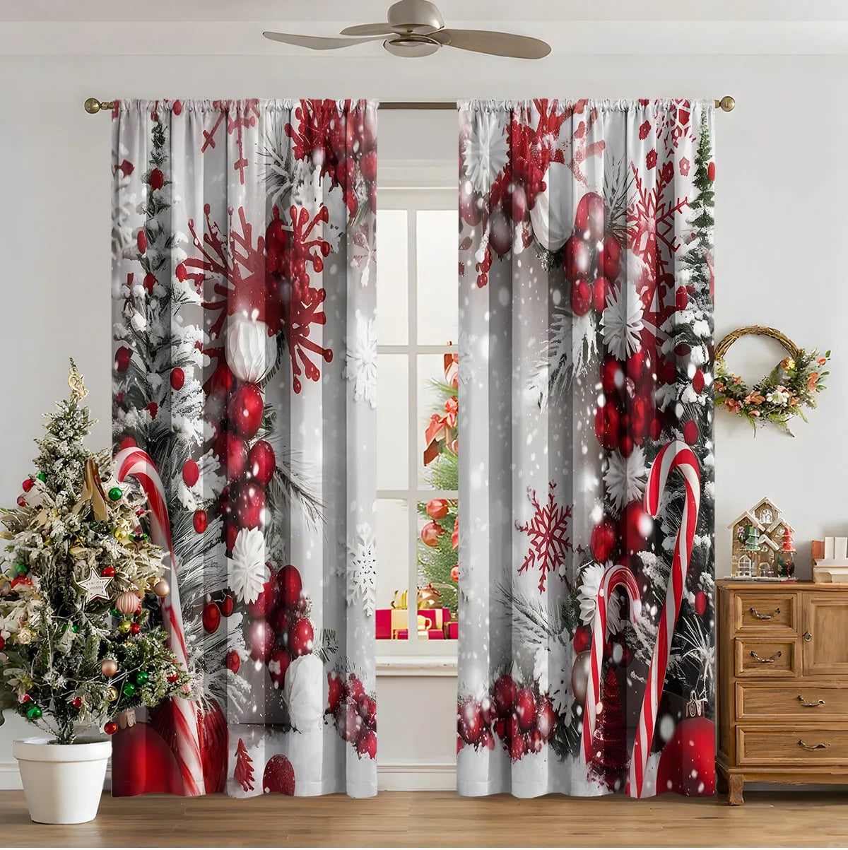 3D digital printed Christmas curtain in a modern style, showing detail of printed pattern and fabric texture.