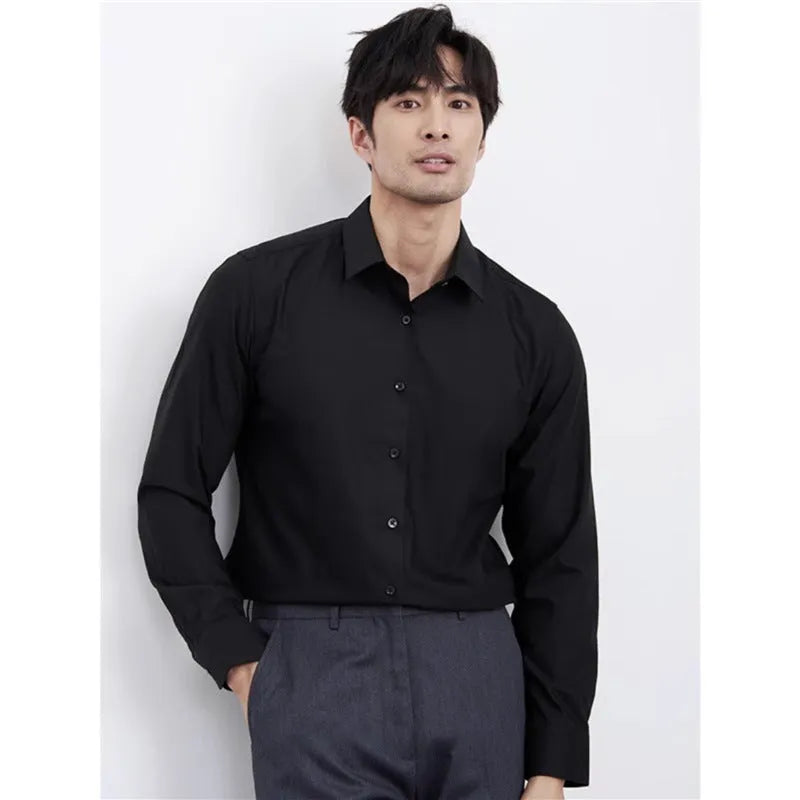 Wine red men's slim fit business casual shirt with long sleeves and non-iron polyester fabric