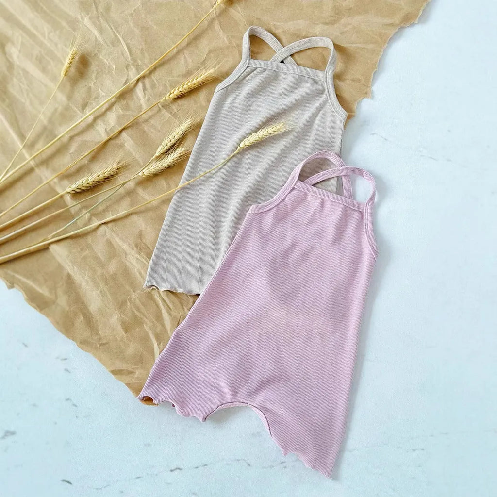 Baby sunken stripe camisole one-piece romper in modal fabric, pullover style, sleeveless, available in purple and cerise