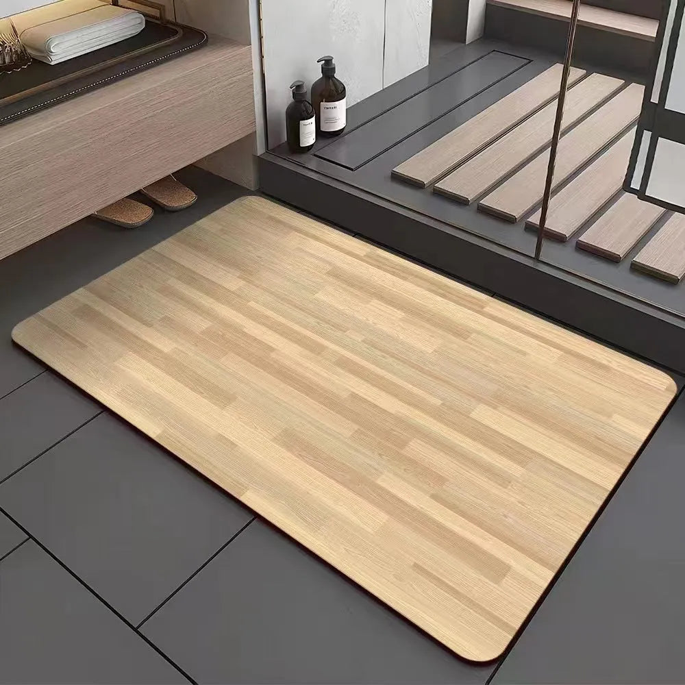 Square American-style diatom ooze floor mat with a geometric wood grain pattern in a bathroom setting.