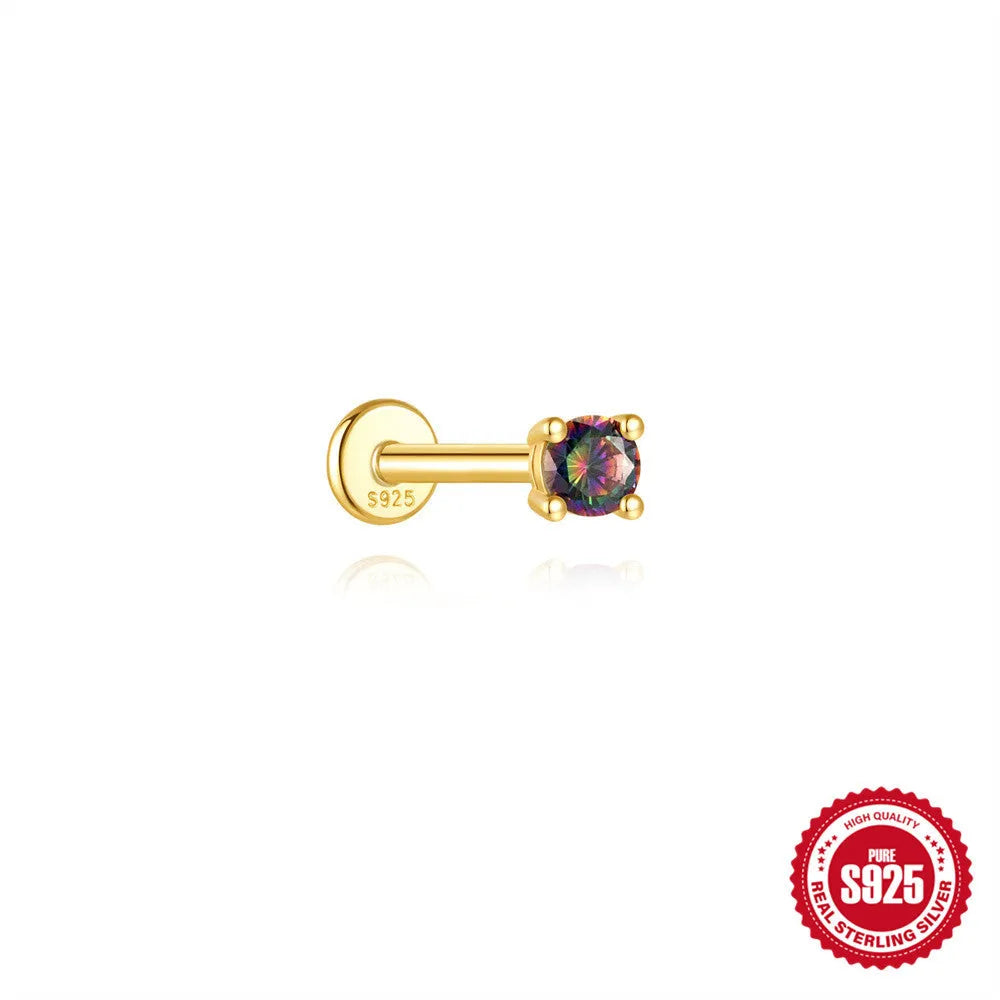 S925 sterling silver threaded ear piercing with super shiny flat head and rainbow stone in a gold colour.
