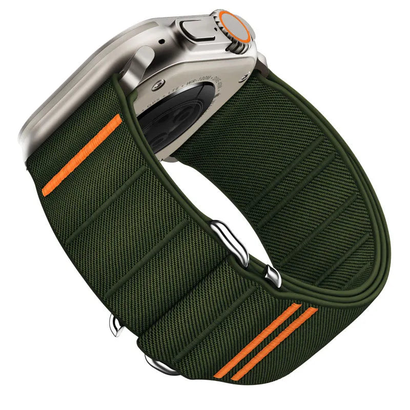 Elastic nylon sports watchband with stainless steel buckle for Apple Watch, shown in multiple colour options.