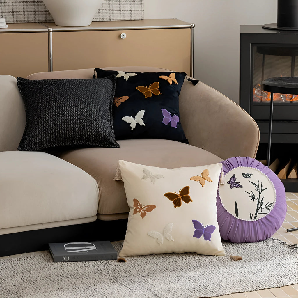 Square butterfly embroidery cushion with Chinese design in beige, black, or purple colours