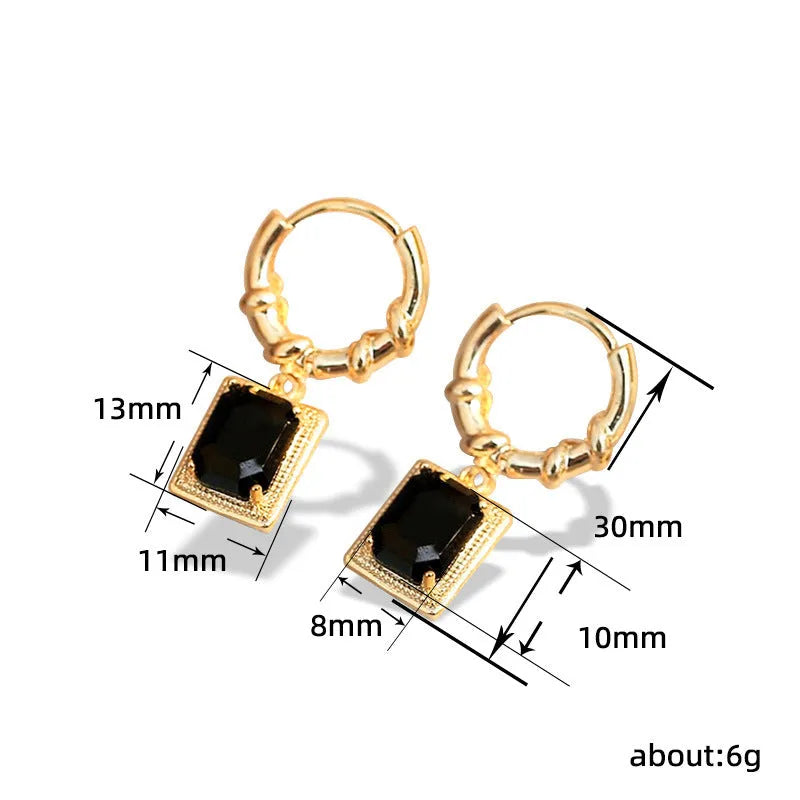 Black geometric quadrilateral copper earrings with zircon detailing and French court retro styling