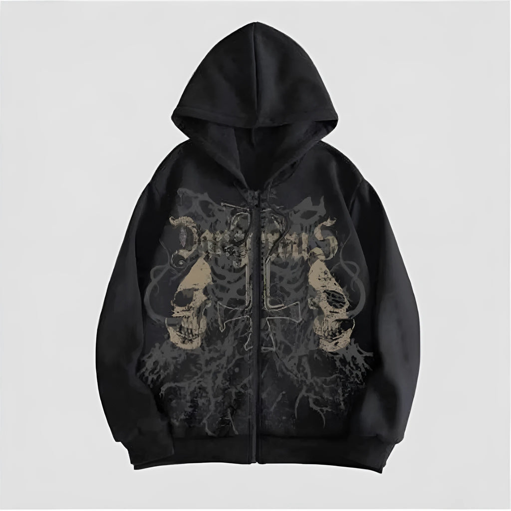 Men's black hooded sweatshirt with a large green skull print on the front, long sleeves.