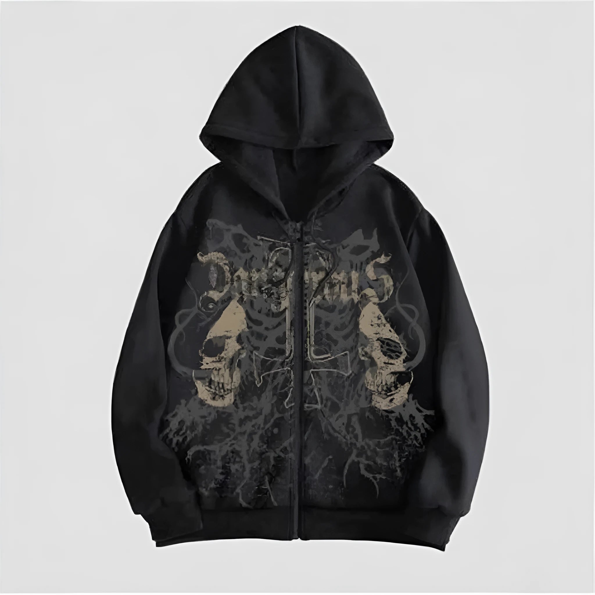 Men's black hooded sweatshirt with a large green skull print on the front, long sleeves.