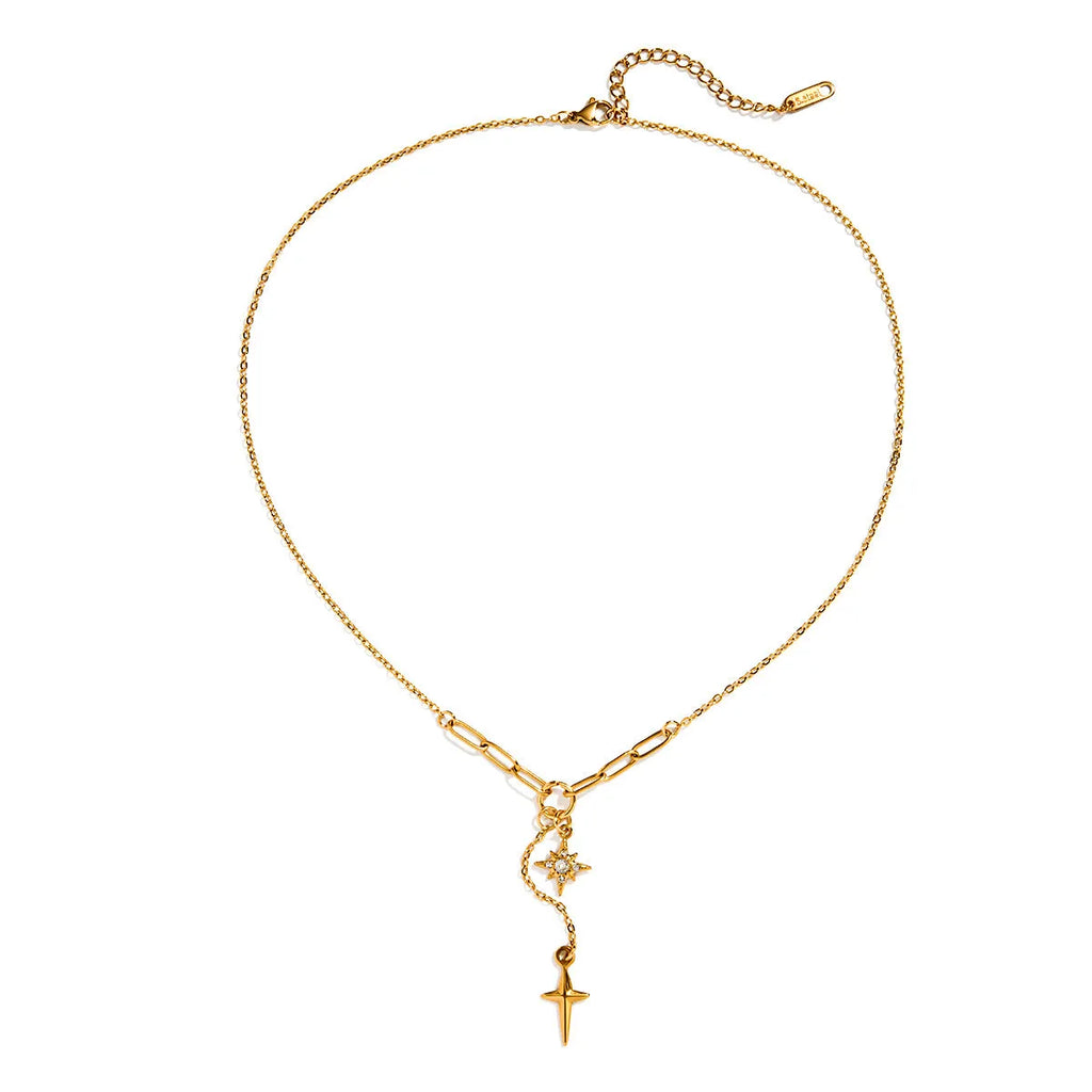 Classic 18K gold stainless steel necklace with white diamond eight-pointed stars on a regular chain