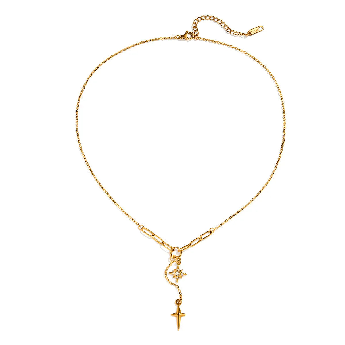 Classic 18K gold stainless steel necklace with white diamond eight-pointed stars on a regular chain