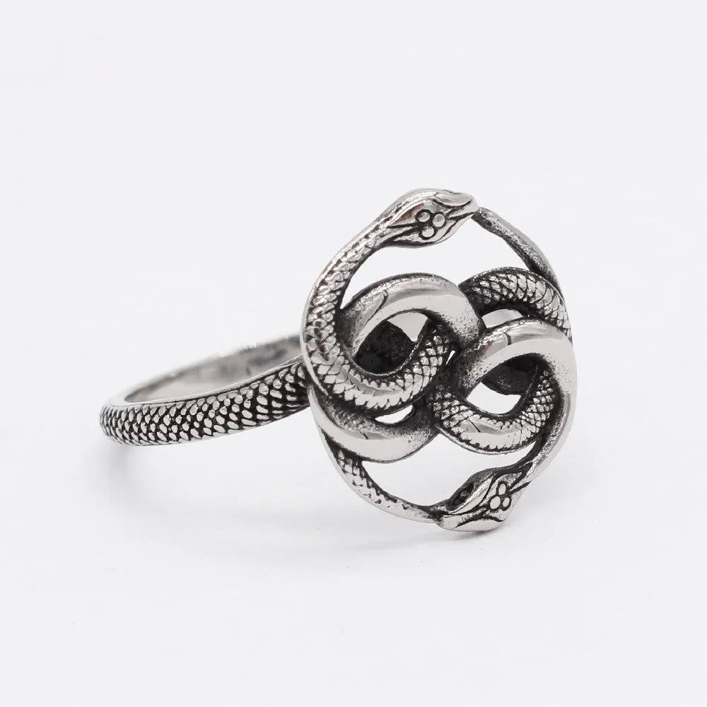 Titanium steel snake ring with double snake cold wind design in steel colour