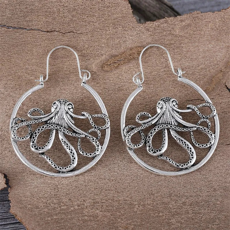 Vintage antique silver octopus earrings with detailed tentacle modelling on zinc alloy