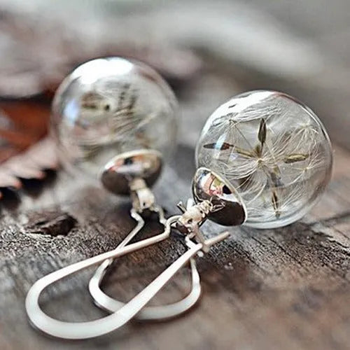 Transparent crystal dandelion seed glass ball earrings on French hook in silver and bronze finishes