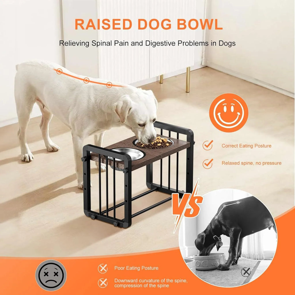 Black wooden dog bowl stand with non-slip base measuring 37cm by 23cm